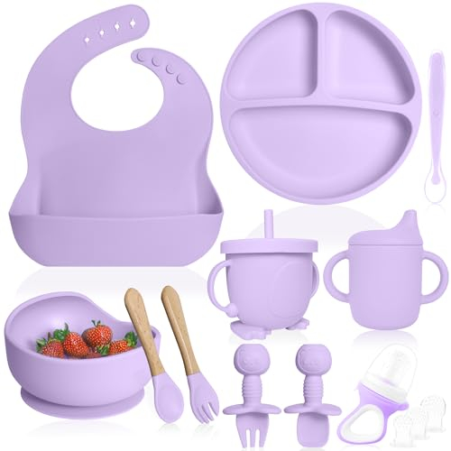 Bluet B Baby - Vajilla Bebe Silicona - Plato Bebe Ventosa - Vajilla Infantil Antideslizante sin BPA - Set Silicona Platos Bebe - Cubiertos Bebe BLW - Chupete Alimenticio - 11 piezas (Morado)