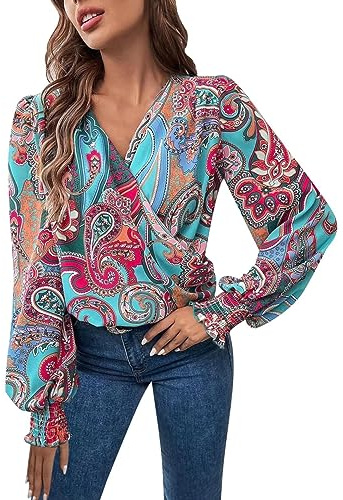 Wrap Top Womens Ladies Satin Silk Cowl Neck Tops Blouses Elegant Long Lantern Sleeve Evening Tops Dressy Casual Business Office Work Shirts Blouses