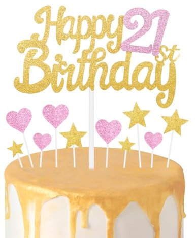 Gold Pink 21st Birthday Cake Topper, Girls 21st Birthday Decorations, Glitter Heart Stars Cake Toppers, Personalised Happy Birthday Cake Cupcake Toppers for Women Girls Baby Birthday Party Supplies