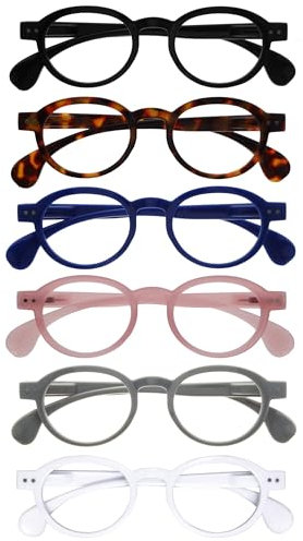 OPULIZE OCA Lesebrille - 6er-Pack - Moderne Runde Retro-Fassung - Schwarz Braun Blau Pink Grau Weiß - Herren Damen - Federscharniere - RRRRRR54-12347W - +2.50