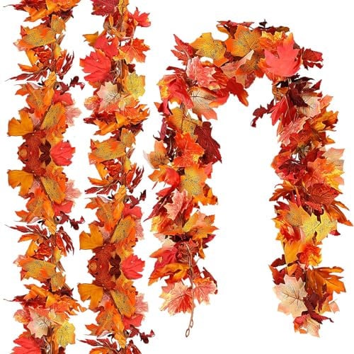3 guirnaldas de otoño de hojas de arce otoñales, decoraciones de otoño, guirnalda de follaje artificial de otoño de 18 pies, decoración de otoño para el hogar, boda, fiesta, chimenea, chimenea, puerta