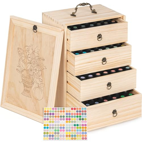 TORIBIO Wooden Essential Oil Storage Box for 112 Bottles, Holds 5-30ml | with 4 Drawer, Hard Shell Essential Oils Holder Organizer for Young Living & Doterra Bottles, with Labels & Dividers