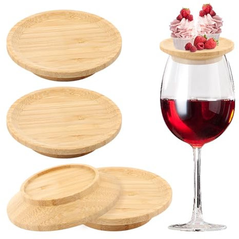 Wine Glass Charcuterie Topper, 4Pcs Wine Glass Topper Coasters Plate, Bamboo Round Charcuterie Board Wine Glass Topper Appetizer Plates for Family Gatherings, Restaurants, Bars