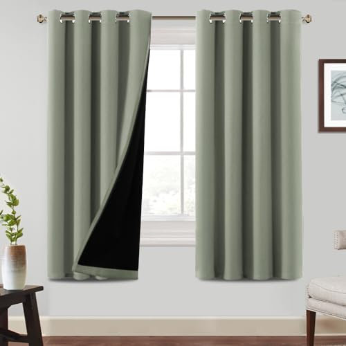 BellaHills 100% Verdunkelung Ösenvorhang 2er Set Kurze Gardinen Wohnzimmer vorhänge H 175 x B 140 cm Schlafzimmer Gardinen und Vorhang Kälteschutz & Wärmeisolierend, Salbei hell