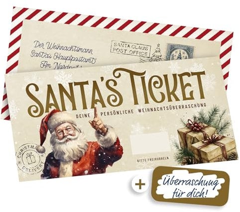KOKO&LORA Santa's Ticket - zum Personalisieren - mit Rubbelsticker • Überraschung • Gutschein zum selber ausfüllen mit Rubbelaufkleber - Rubbelkarte zum Beschriften - Weihnachts Gutschein