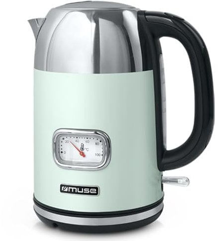 Muse Edelstahl Retro Wasserkocher mit analoger Temperaturanzeige, waschbarer Filter, transparente Skala, 1,7L Fassungsvermögen, automatische Abschaltung, pastell-grün