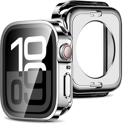 Amizee 2 en 1 Funda [2-Pièces] Compatible Avec Apple Watch Series 11/10 46mm con Protector de Pantalla Cristal Templado, PC Duro Anti-Rasguños Protección Carcasa para iWatch 46mm - Plata
