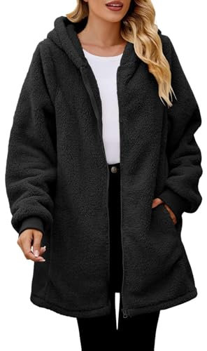 Onsoyours Wolljacke Damen Lang Teddyjacke mit Kapuze Teddyfleece Warm Winterjacke Reißverschluss Flauschig Fleecemantel A Schwarz XXL