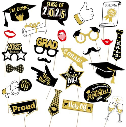 2025 Abschlussfeier Deko, Abschluss Deko, 26 Stück Schwarz Gold Graduierung Party Foto Booth Requisiten Dekoration, Kreative Abschlussfeier Deko 2025 für Bachelor Karneval Party Deko