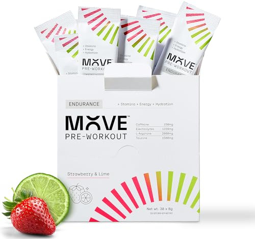 MOVE Pre Workout Powder - Hydration & Endurance Formula for Men & Women - Preworkout Sachets Electrolytes Powder with Caffeine & L-Arginine Informed Sport Certified 30 Servings Strawberry & Lime