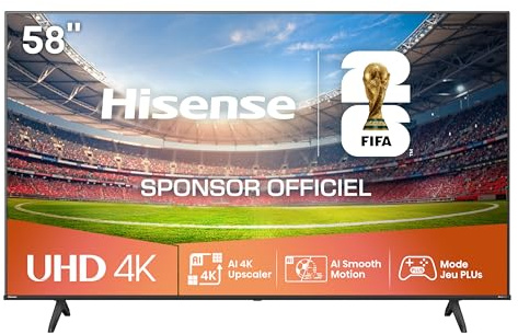 Hisense 58A6Q – TV LED 4K UHD 58 Pouces (146 cm) – Smart TV VIDAA U – Dolby Vision, HDR10+, DTS Virtual:X, Mode Jeu Plus (ALLM, VRR 60Hz), Contrôle Vocal Alexa