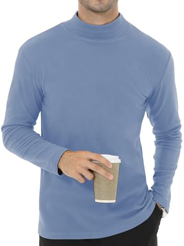 Tyhengta Long Sleeve Fleece Tops for Men Thermal Winter T-Shirt Warm Base Layer Undershirt Turtleneck Pullover Grey Blue, XL