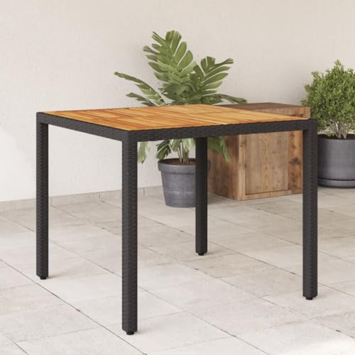 SKTQYQO Gartentisch mit Tischplatte aus Akazienholz und Gestell aus Polyrattan, schwarz, 90 x 90 x 75 cm, langlebige und wetterfeste Outdoor-Möbel für Terrasse