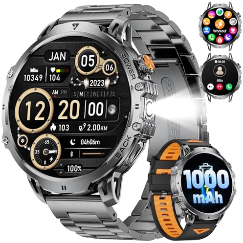 Smartwatch Herren Militär-1.85''HD/1000mAh, Telefonfunktion, Schwarz-Orange | 100+ Sportmodi, IP68 Wasserdicht, Herzfrequenz, Schlafmonitor, LED Taschenlampe für Android iOS