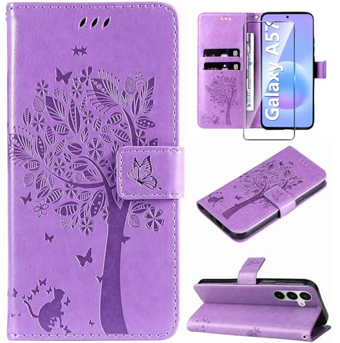 Hancda Case for Samsung Galaxy A57 5G Phone Cover,Purple | Wallet with Tempered Glass Screen Protector,Card Holder Slot,Flip PU Leather Magnetic Closure,Shockproof Flowers Design Shell