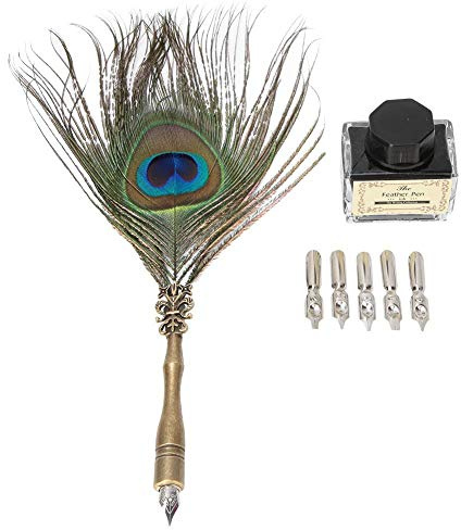 Vikye Peacock Feather Dip Pen with Writing Ink Retro Calligraphy Pen Hand Dipped Ink Nib with 5 Points for Gift or Use