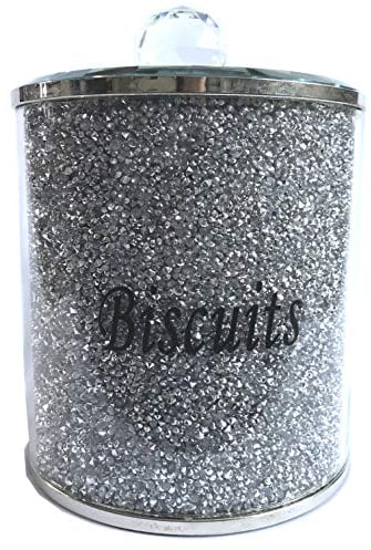 CMK Silver Diamond Crushed Biscuit Canister Jar Tin Kitchen Storage Silver Trimmings Crystal Filled