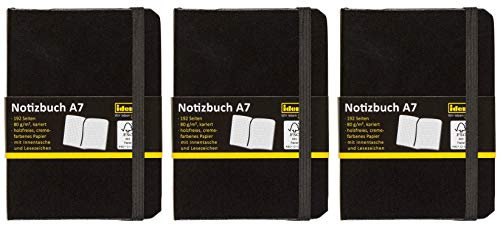 Idena 209283 Notizbuch FSC-Mix, Papier cremefarben, 96 Blatt, 80 g/m², Hardcover (A7 kariert, schwarz, 3 Stück)