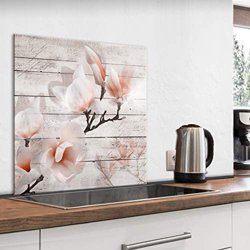 murando Spritzschutz Glas für Küche 80x80 cm Küchenrückwand Küchenspritzschutz Fliesenschutz Glasbild Dekoglas Küchenspiegel Glasrückwand Blumen Magnolien - b-A-0566-aq-a