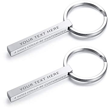 XUANPAI Personalisierte Maßgeschneiderte Vertikale Überzogene 4 Seitige Können Graviert Werden Edelstahl Minimalistischen Quader Bar Keychain Schlüsselanhänger Geschenk Unisex Silber 2 Stücke