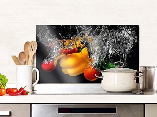 Spritzschutz Küche Glas Gemüse im Wasser, Spritzer Schwarz, Küchenrückwand Glas für Herd und Spüle, Rückwand Küche Glasplatte mit Motiv, 80x40cm
