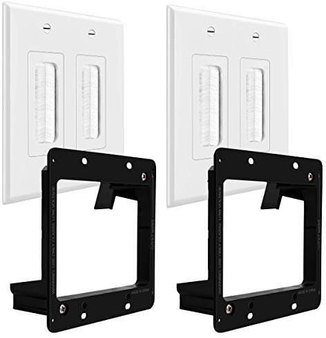 TOPGREENER Bristled Brush Wall Plate with Mounting Brackets, Pass-Through Wall Plate for Low Voltage Cables, Mid-Size 2-Gang 4.88 x 4.92, Polycarbonate Thermoplastic, TG8892MB-2PCS, White, 2 pack