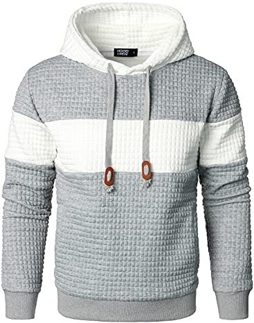 HOOD CREW Men’s Sweatshirts Long Sleeve Pullover Patchwork Plaid Jacquard Hoodie Casual Drawstring Hoody Top Lightgrey L