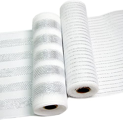 2 Rolls Decor Mesh Poly Ribbons 10 Inch x 30 Feet Each Roll Metallic Foil Mesh Ribbon Christmas Tree Decorative Mesh Silver and White Rolls for Xmas Wreaths,Swags and Home Decorating