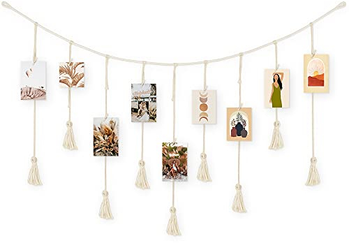 ecooe Foto hängendes Seil DIY Bilderrahmen Wanddekoration Boho Fotoseil mit Quaste, Fotoleine mit 30 Holzklammern und 2 spurlosen Nägeln Fotoaufhängung (100 cm x 60 cm)