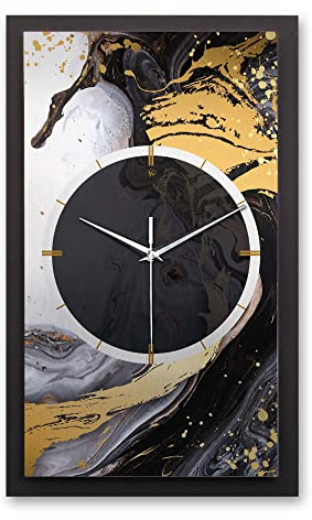 Kreative Feder 3D Designer-Wanduhr Black & Gold Ink in modernem Metallic-Look 50x30cm rechteckig analog lautlos ohne Ticken (Black & Gold Ink, leises Quarzuhrwerk)