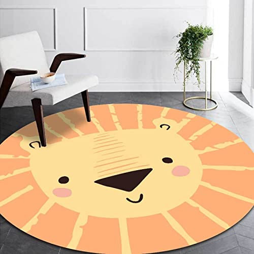 Weich Runden Teppiche rutschfeste Waschbare Kinder Pädagogischer Lernteppich Schlafzimmer Wohnzimmer Spielteppich Cartoon süßer Kleiner Löwe orange,ø 190CM