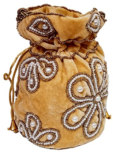 Purpledip Potli Tasche (Clutch, Kordelzug) für Frauen mit aufwendigem Goldfaden und Pailletten-Stickerei, Chenille Gold, L