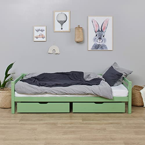 Hoppekids ECO Dream Kinderbett 90x200 mit Lattenrost und Schubladen | Blasse Grün Massivholz | Holz Bett für Mädchen und Jungen