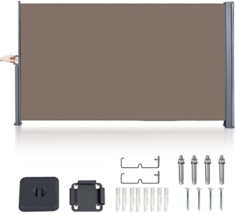 Vigevee Seitenmarkise Ausziehbar, 160 x 300 cm Sichtschutz Markise Blickdicht Windschutz Sonnenschutz Seitenrollo Seitenwandmarkise für Balkon Garten Terrasse, Braun