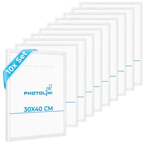 PHOTOLINI Cadre photo 30 x 40 cm blancs, lot de 10 cadres en plastique étroits, verre acrylique, à suspendre, avec accessoires - pour documents, diplômes, certificats et photos