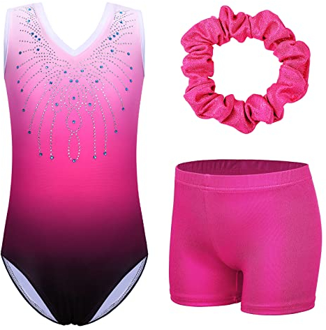 ZNYUNE Kinder Gymnastik Trikot Klassisch Gymnastikanzug 3er Set Anzug für Mädchen B180_PinkRose 8A
