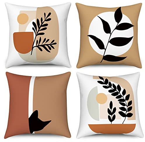 Hnmdmyi Kissenbezug Boho 45x45 4er Set, Abstraktes Blatt Pflanze Schwarze Katze Dekorative Kissenbezüge Minimalistische Moderne Kunst Ästhetische Leinen Kissenhülle für Sofa Couch Outdoor Home Decor