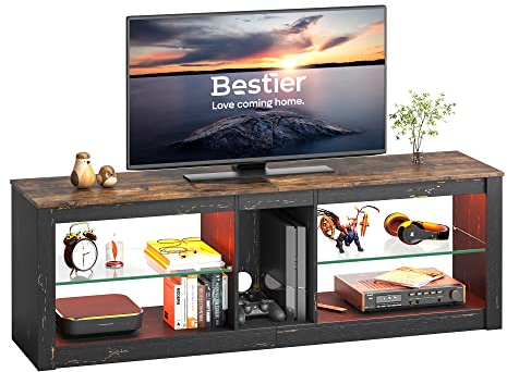 Bestier TV Stand Cabinet 140CM Entertainment Center Led Tv Stand Modern TV Unit with Glass Shelf RGB LED Lighted for 65 inch TVs with Ambient Lights for Living Room Bedroom (Golden Black)