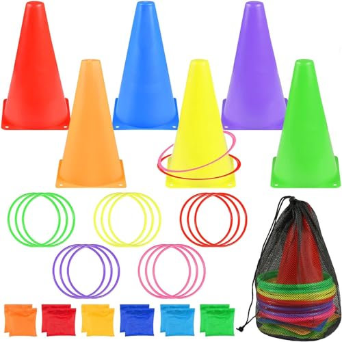 34 Stück Ringwurfspiel Wurfspiel Set,3 in 1 Kinderparty Wurfspiele,wurfspiel Kinder Outdoor mit CornholeSitzsäcken,Kunststoffreifen,Kegelmarkern und Tragetasche für Kinder Spiele Garten Party