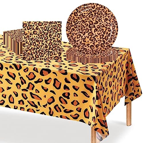 POPOYU 37Pcs Jungle Safari Animal Paper Tableware Set,Leopard Print Paper Plates 9 Inch Napkins Table Cloth,Leopard Print Party Decoration for Jungle Safari Animal Wild One Birthday Hen Party Supplies