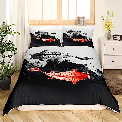 Japanische Koi Fisch Bettwäsche Set 155x220 Yin Yang Thema Bettbezug für Frauen Männer Japanische Art Exotische Koi Tier Tröster Bezug Ozean Bettbezug Exotische Art Bettwäsche Schwarz und Weiß