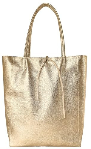 TAKEASY Italienische Metallic-Tragetasche aus weichem Kalbsleder für Damen, mit Reißverschluss, unstrukturierter, ungefütterter Shopper mit Innentasche, Metallic, Gold, Large