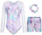 FEOYA Gymnastikanzug Kinder Mädchen Langarm Mädchen Turnanzug Turnshorts Haarband Set Tanz Gymnastik Training Dancewear 3er Set Kinder Glänzende Turnanzug mit Strasssteine B 11-12 Jahre