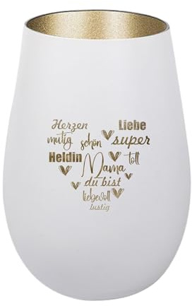 Der-Porzellan-Laden Windlicht mit Gravur Mama du bist Weiß Gold | Teelichthalter aus Glas mit Spruch Tischdeko modern