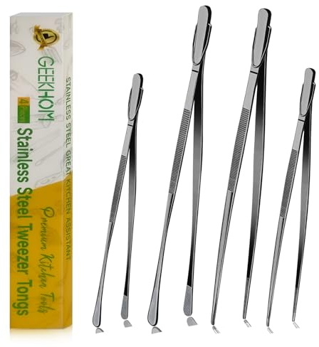 GEEKHOM Küchenpinzette 30 cm und 25 cm Lange Pinzette - 4 Stück Edelstahl Kochpinzette Set, Profi Grillzange mit Gezackten Spitzen - zum Braten, Grillen, Anrichten & Dekorieren, Präzisionsarbeiten