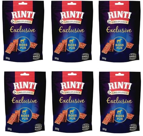 RINTI Singlefleisch Exclusive Snack Ross Pur | 6er Pack | 6 x 50 g | Ergänzungsfuttermittel für ausgewachsene Hunde | Ausschließlich Ross für empfindliche Hunde bei Allergien | Als Belohnung