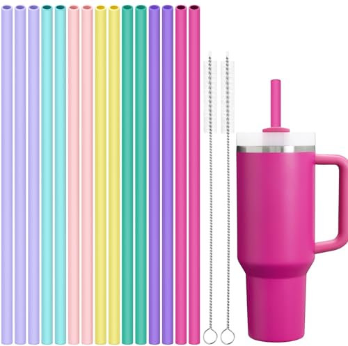 Tomorotec 15 Stück wiederverwendbare Silikonstrohhalme für Stanley Cup, 31 cm lang,2 Reinigungsbürsten, passend für 40oz, 30oz, 20oz Becher, BPA-frei, spülmaschinenfest, zahnschonend (Girls Colors)