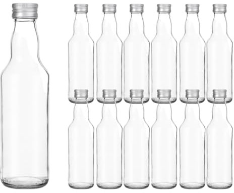 Vitrea 12 leere Glasflaschen 500ml Schraubverschluss Silber - Flaschen zum Befüllen mit Deckel - für Saft, Getränke, Likör, Öl, Saucen - 12 Stück, PP28, Kropfhals