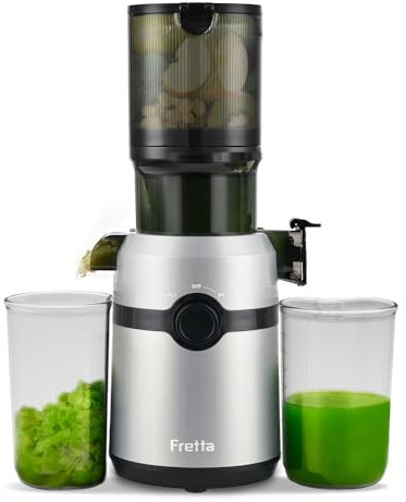Extracteur de jus, Fretta Extracteur de jus de fruits et légumes, Slow Juicer Grand diamètre de 108 mm, 1L Très grande capacité, Pression à Froid, Facile à nettoyer, Sans BPA, Argent
