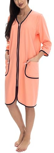 Aquarti Damen Bademantel Morgenmantel mit Reißverschluss Hausmantel Leicht 3/4 Ärmel, Farbe: Apricot, Größe: 5XL